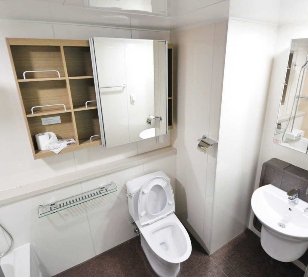 pexels photo 262005 262005 A contemporary bathroom with a toilet, sink, and storage shelves featuring a minimalist design.