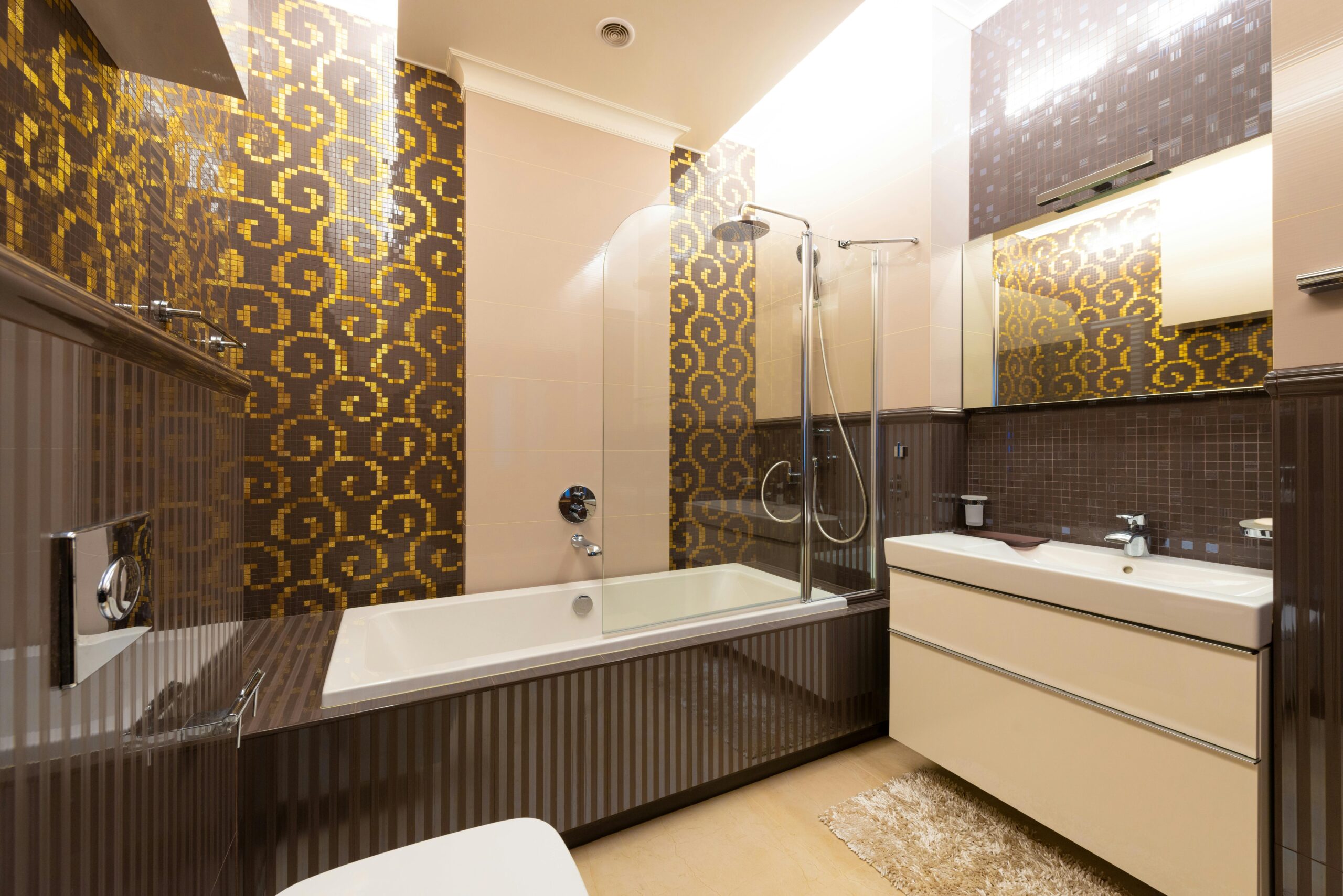 pexels photo 8141966 8141966 Contemporary bathroom featuring a luxurious design with modern fixtures and patterned tiles.